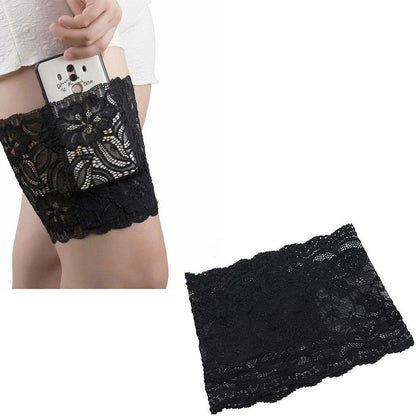 Women Lace Thigh Band with Anti-Slip Cellphone Pocket[L - Black]