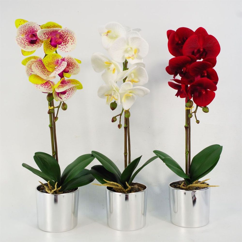 46cm Artificial Orchid Harlequin Pink with Silver Pot