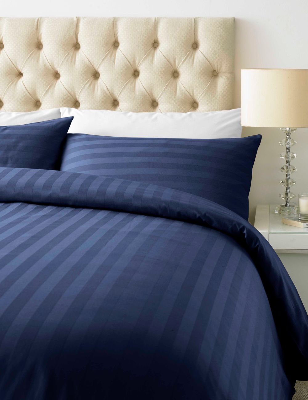 800 TC - Cotton Rich Satin Stripe Duvet Cover Set Navy