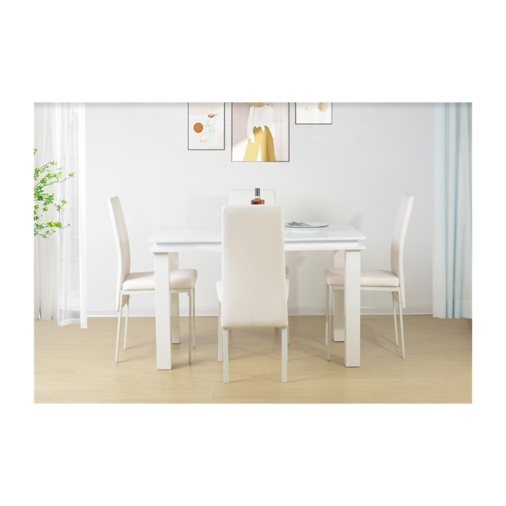 5 Piece Dining Table Set High Gloss WHITE with Blue LED Light - EFFULGENCE