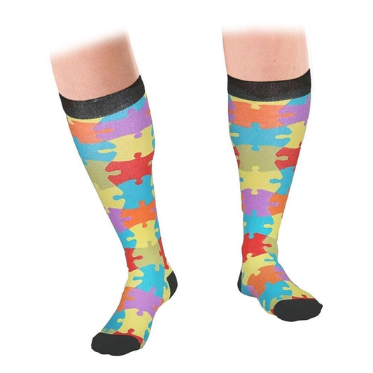 Flo Fashion Bright Pattern Knee-High With Nylon, Yarn & Spandex Compression Sock, Puzzle, L/XL