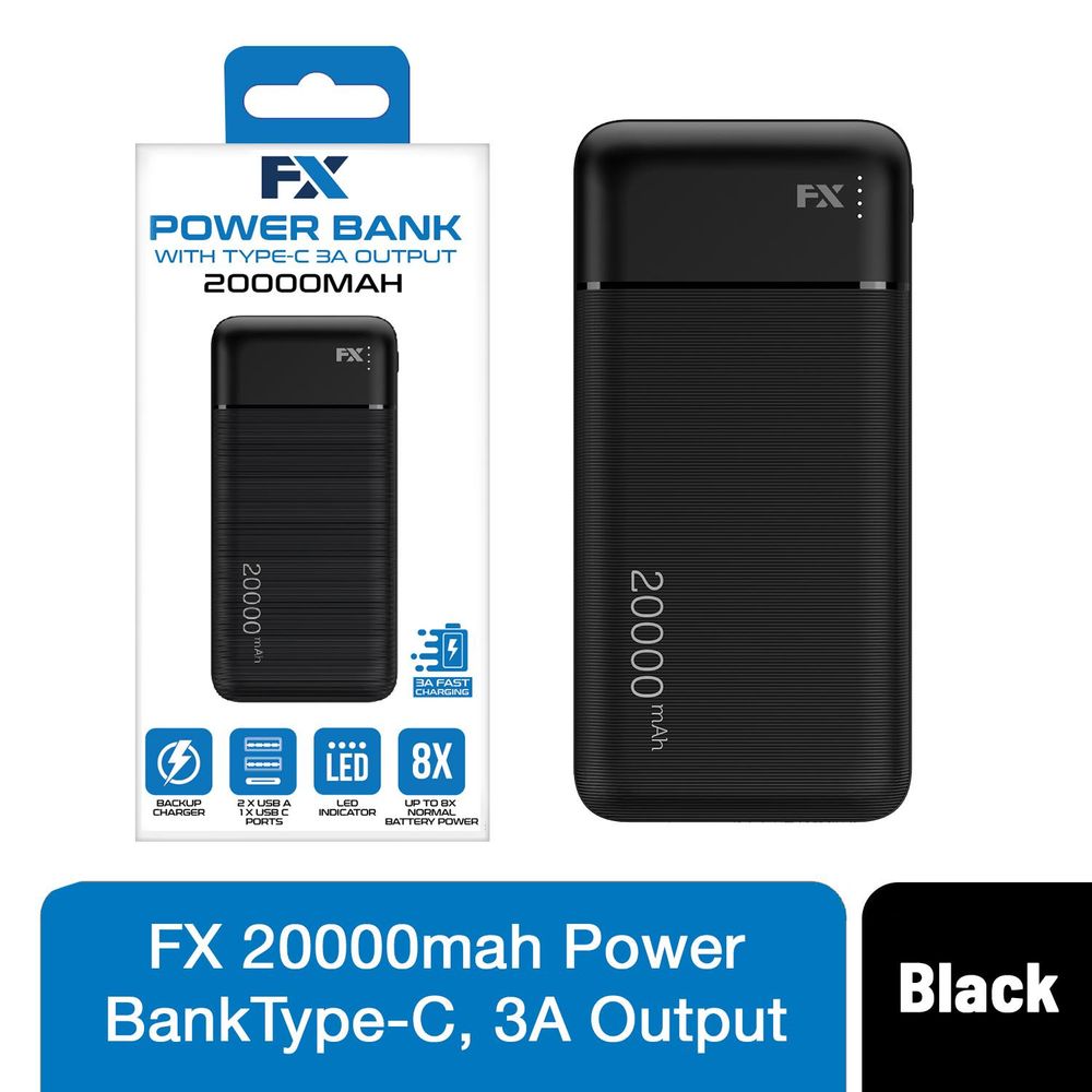 FX 20000 mAh Powerbank with Type-C 3A Output, Black