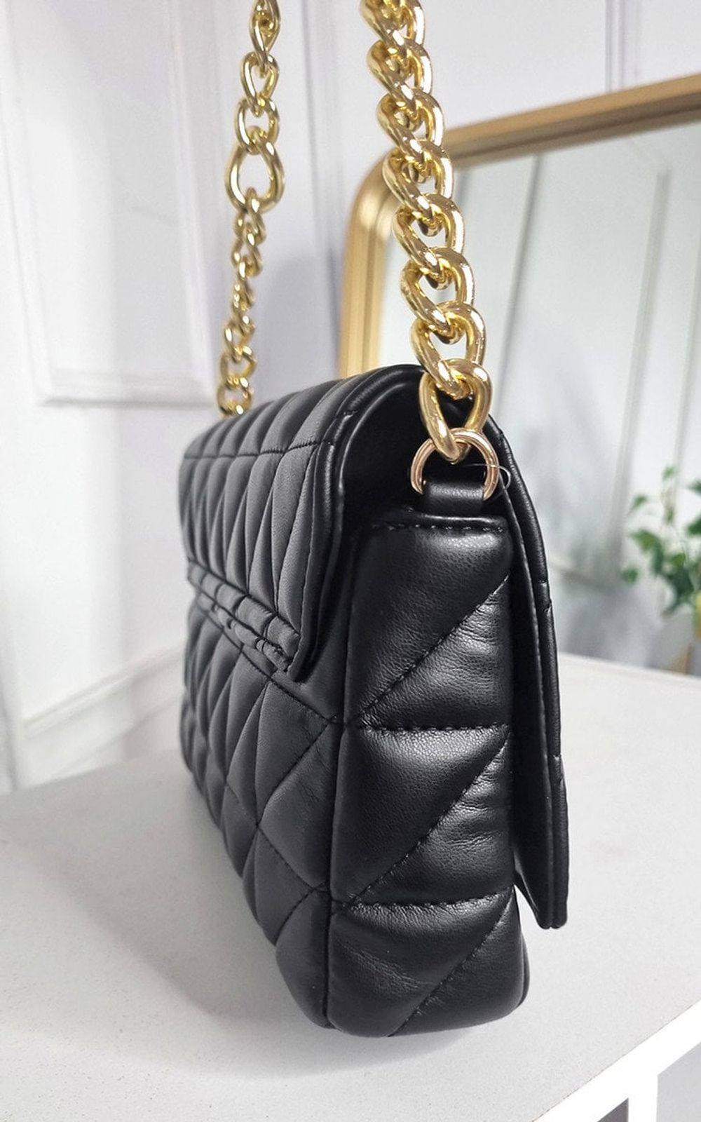 Faux Leather Padded Handbag with Chain Detail