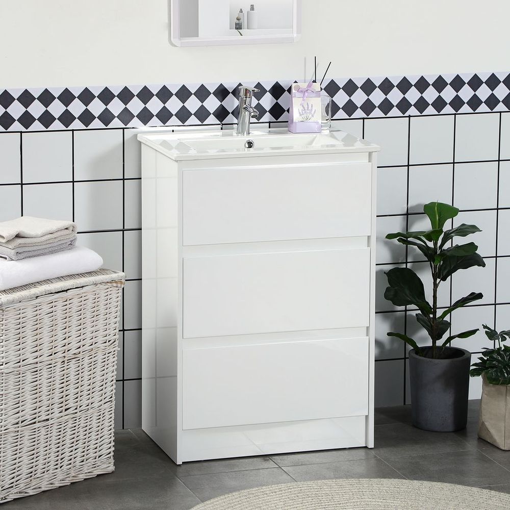 600mm Bathroom Vanity Unit w/ 1 Tap Hole Basin Drawers Gloss White