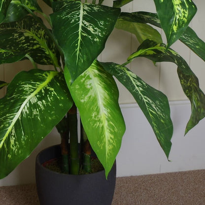 100cm Large Fox's Aglaonema (Spotted Evergreen) Tree Artificial Plant with Silver Metal Planter