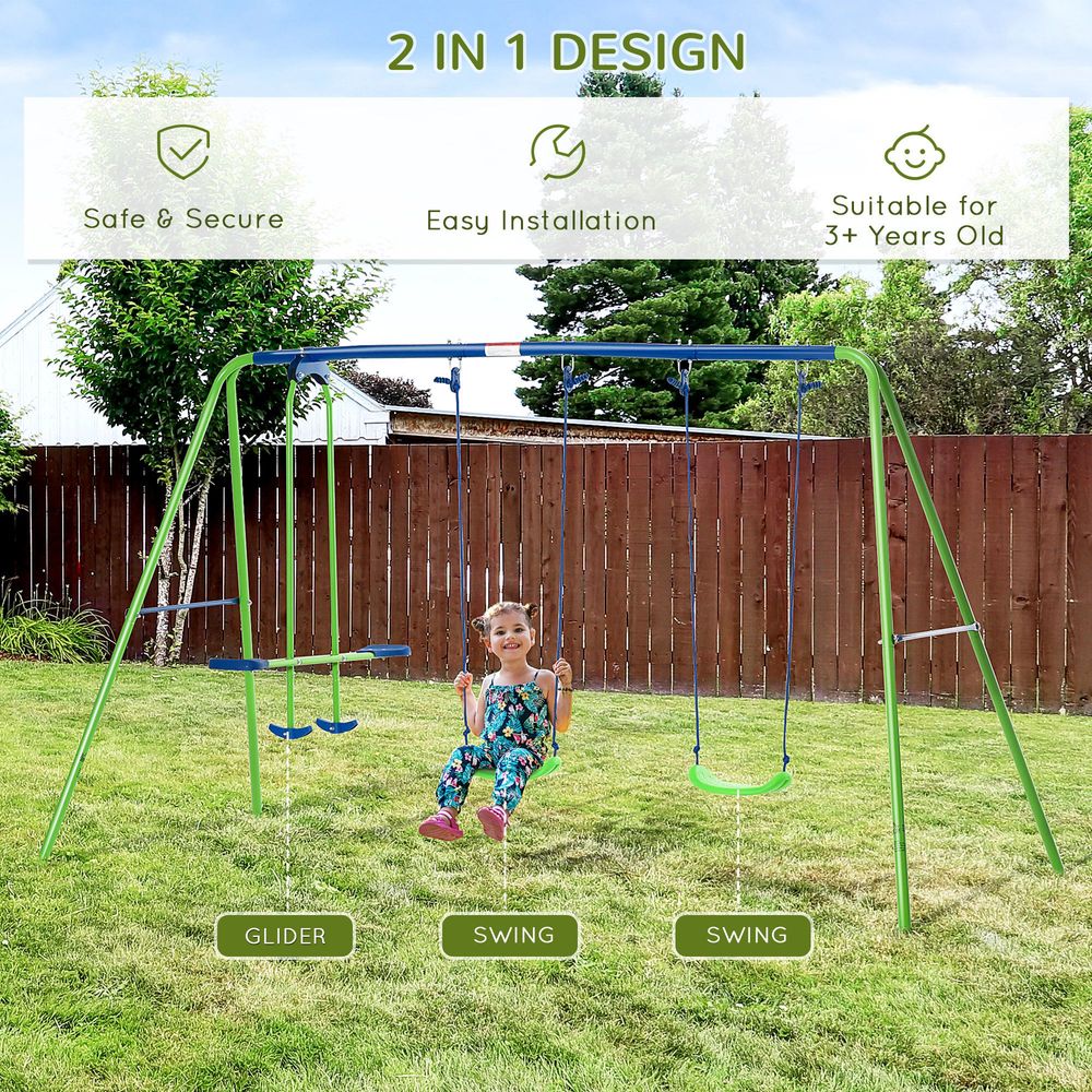 Metal 2 Swings & Seesaw Set Height Adjustable Outdoor Play Set, Green Outsunny