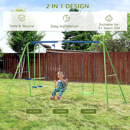 Metal 2 Swings & Seesaw Set Height Adjustable Outdoor Play Set, Green Outsunny