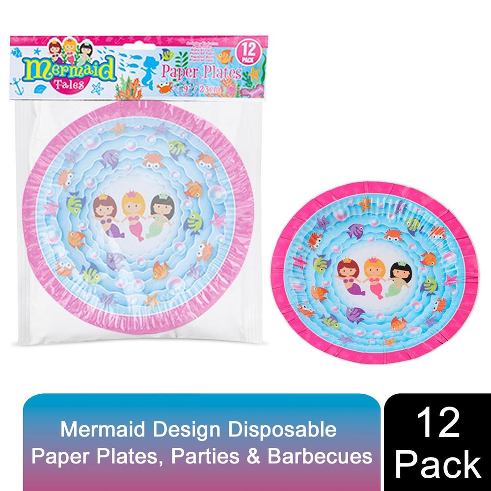 Mermaid Design 9Inch 12 Disposable Paper Plates For Picnics, Parties & Barbecues