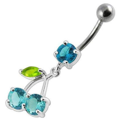 Cherry Jeweled Fancy Silver Dangling Belly Ring With SS Bar