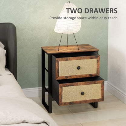 HOMCOM Bedside Table with 2 Rattan Drawers and Steel Legs, Rustic Brown