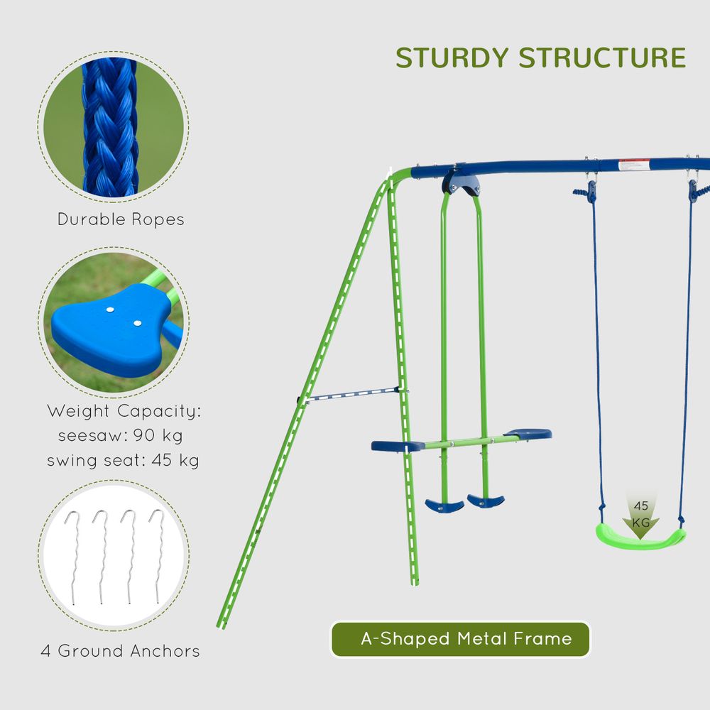 Metal 2 Swings & Seesaw Set Height Adjustable Outdoor Play Set, Green Outsunny