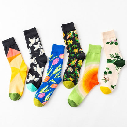 1 Pair Hot Sales Women Socks Harajuku Creative Flower And Bird Sketch Print Cotton Socks Breathable Casual Female Funny Socks