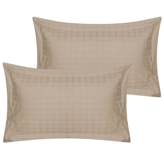 400TC - 100% Cotton Satin Stripe Check Pillowcase Pair Latte