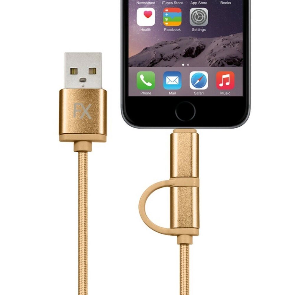 FX Powabud Nylon Braided USB Cable with 2in1 Dual Lightning Connector Cord Gold