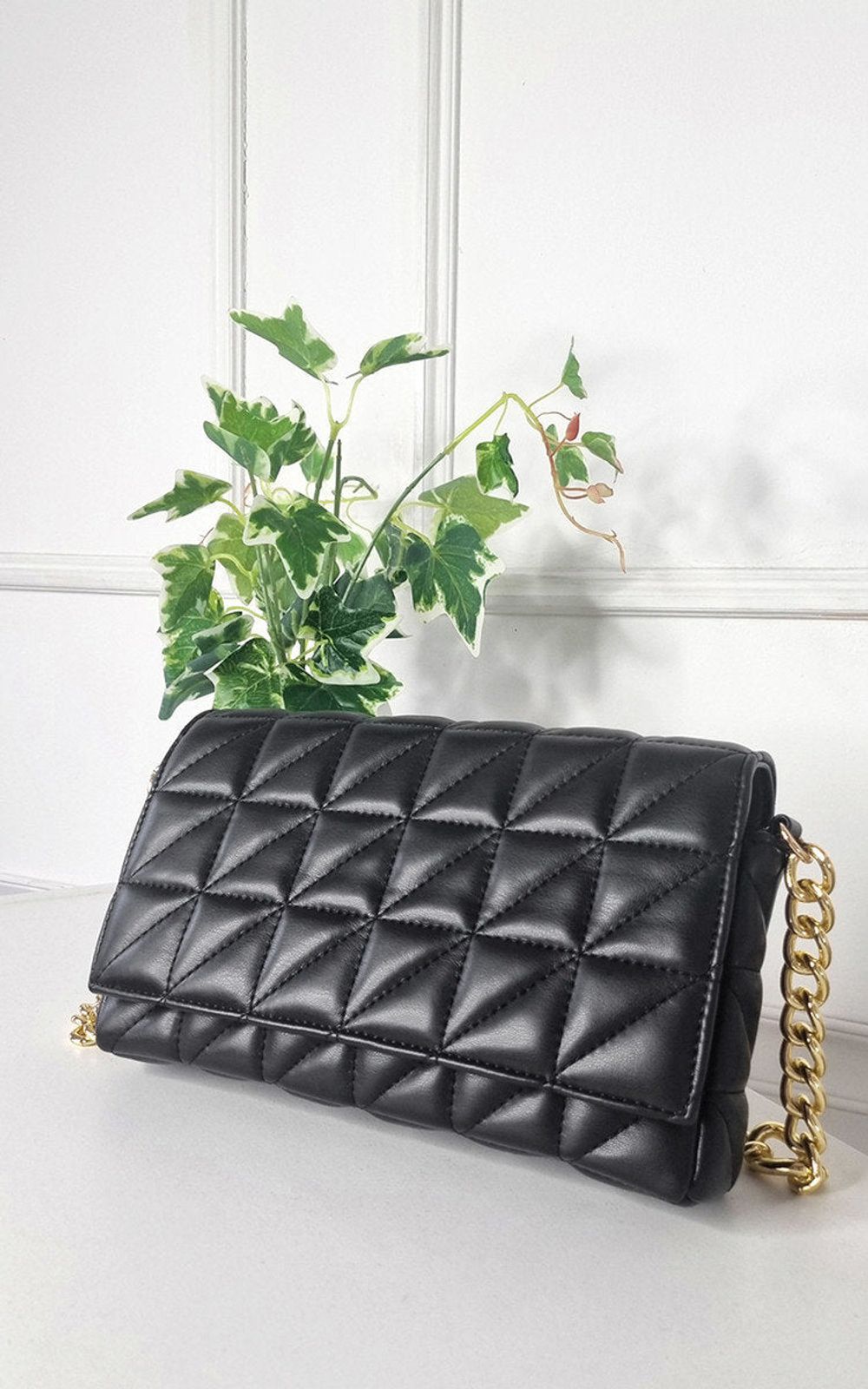 Faux Leather Padded Handbag with Chain Detail