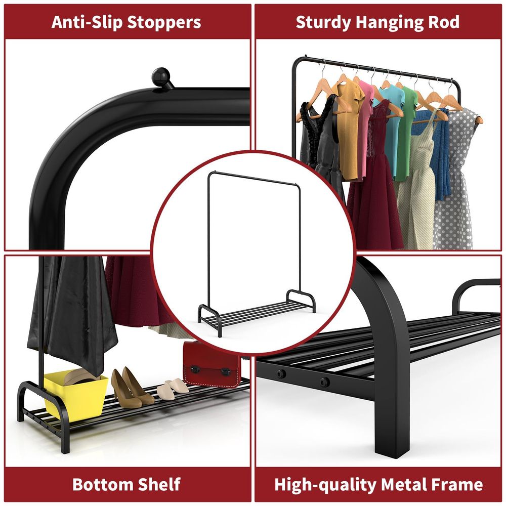 2x Heavy Duty Modern Metal Clothes Single Hanging Rail Stand with Storage Shelf For Dresses Boxes & Shoes BLACK