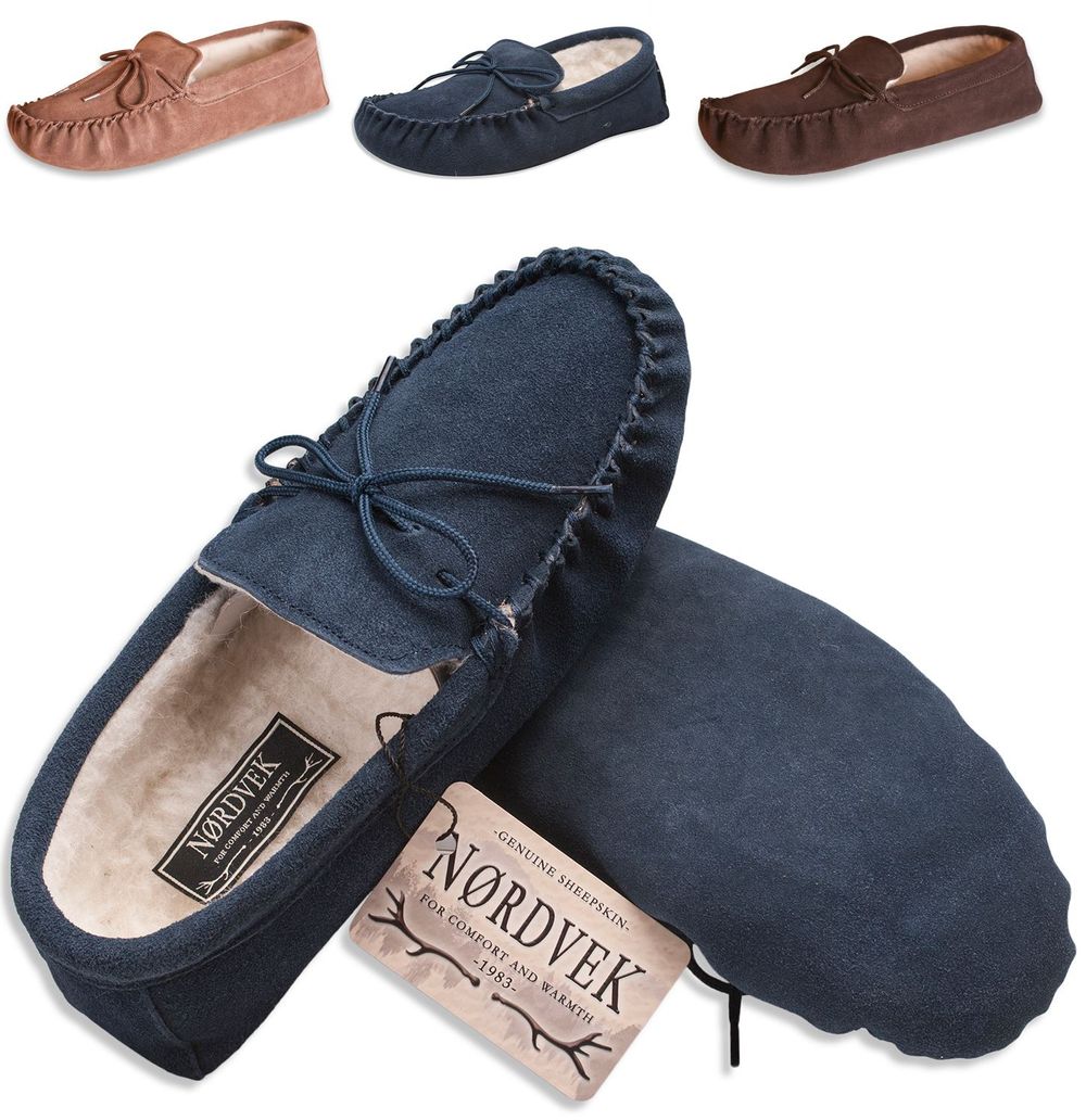 Nordvek Mens Sheepskin Suede Moccasin Slippers With Suede Sole - 423-100