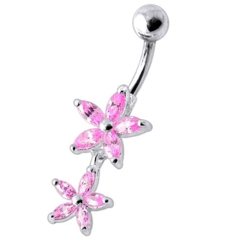 Double Flower Jeweled Dangling Belly Ring