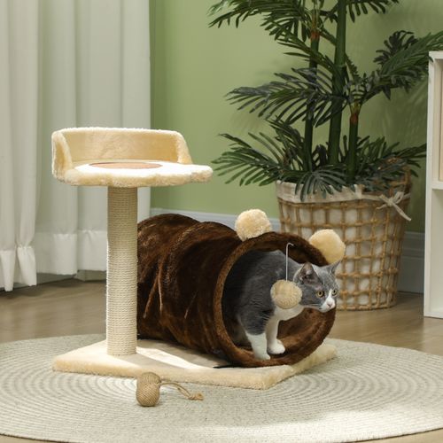 PawHut Cat Tree w/ Scratching Post, Bed, Cat Tunnel, Toy Ball, Dark Brown