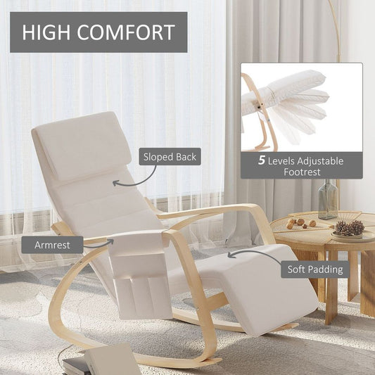 Rocking Chair Recliner Armchair with Adjustable Footrest, Cream White