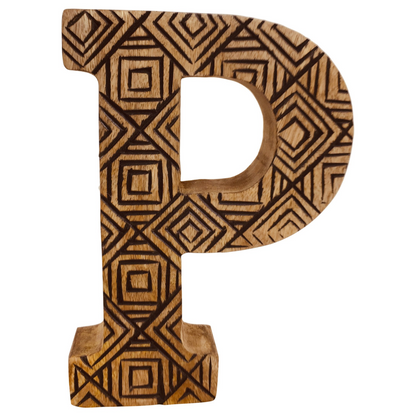 Hand Carved Wooden Geometric Letter P