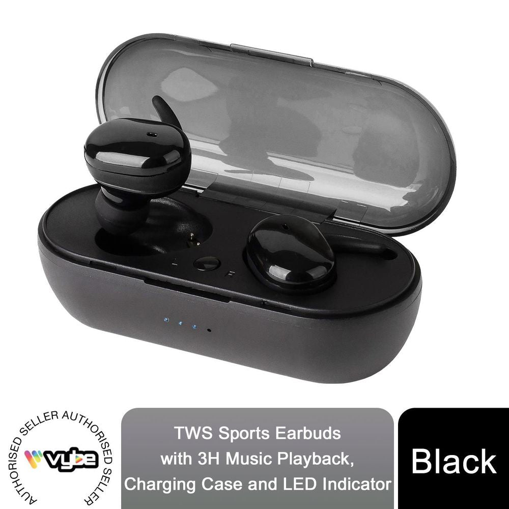 Vybe TWS Sports Earbuds with 3H Playback, Charging Case & LED Indicator - Black