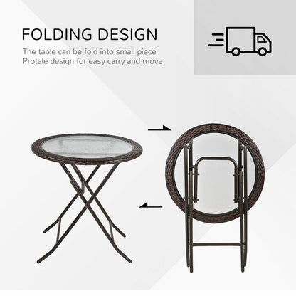 Outsunny Folding Round Tempered Glass Metal Table with Brown Rattan Edging