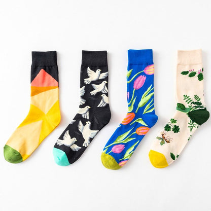 1 Pair Hot Sales Women Socks Harajuku Creative Flower And Bird Sketch Print Cotton Socks Breathable Casual Female Funny Socks