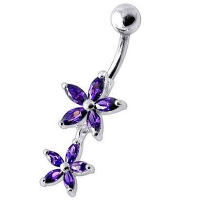 Double Flower Jeweled Dangling Belly Ring