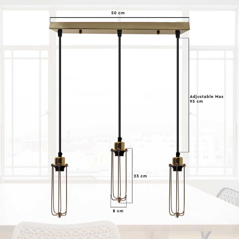 3 Head Rectangular Ceiling E27 Pendant Light with Wire Cage - Industrial Vintage Hanging Lamp