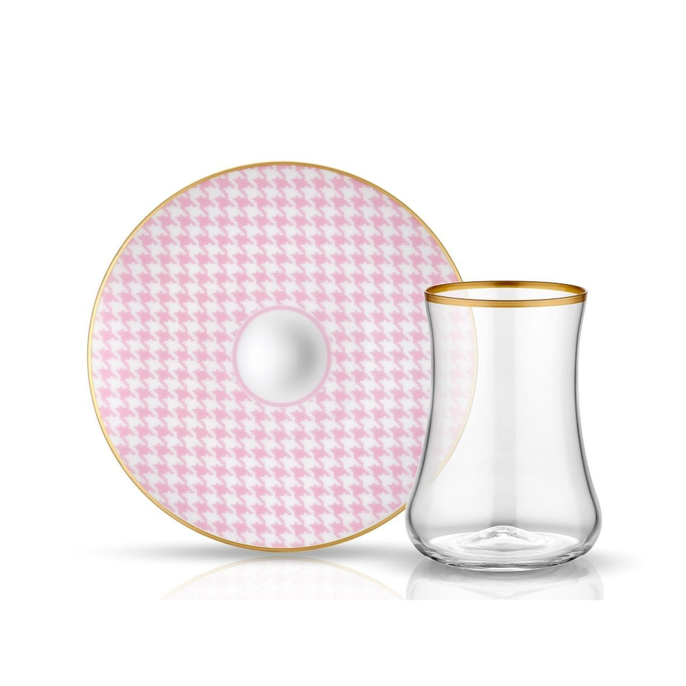 Dervish Tartan Pink Tea Glass and Saucer - Gold Rim