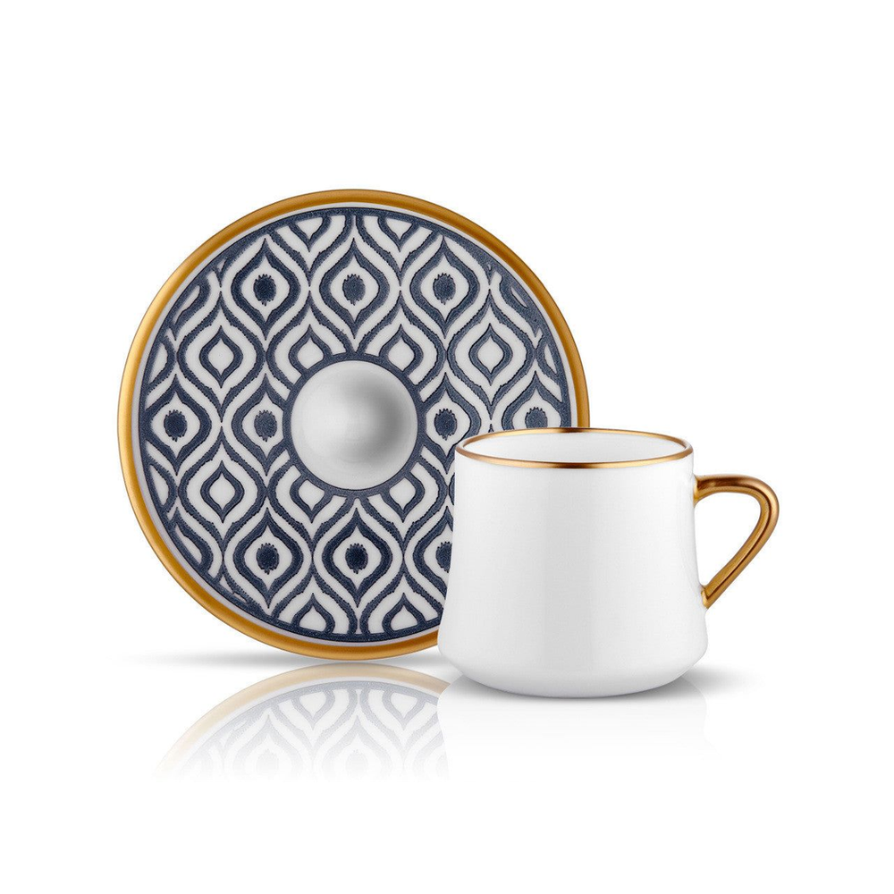 Sufi HD Tea Cup and Saucer Ikat  - Anthracite Mat Gold  - 230 cc