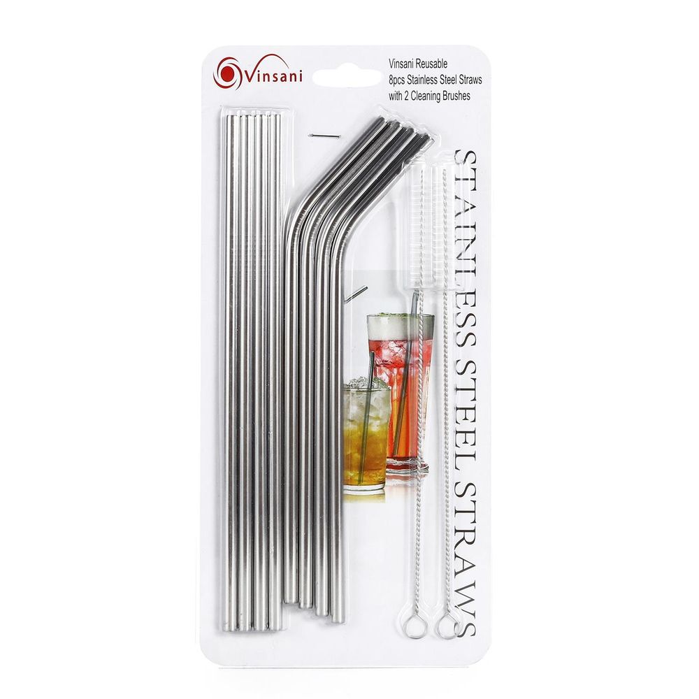 PACK OF 2 8.5" Silver Stainless Steel Reusable Metal Drinking Straws Set of 8 with 2 Cleaning Brushes