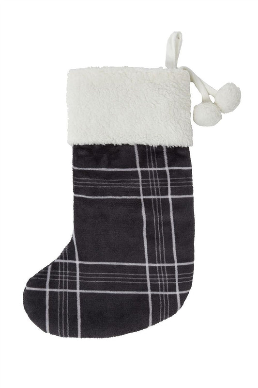 PRINTED CHECK FLEECE WITH SHERPA CHRISTMAS STOCKING W/ POMPOM 45X20CM