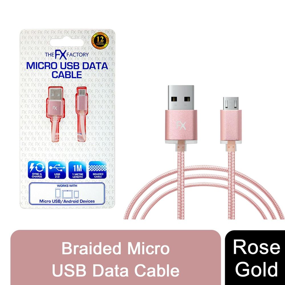 Fx Braided Micro USB Data Cable, Gold, Rose Gold, Space Grey, Silver[Rose Gold]