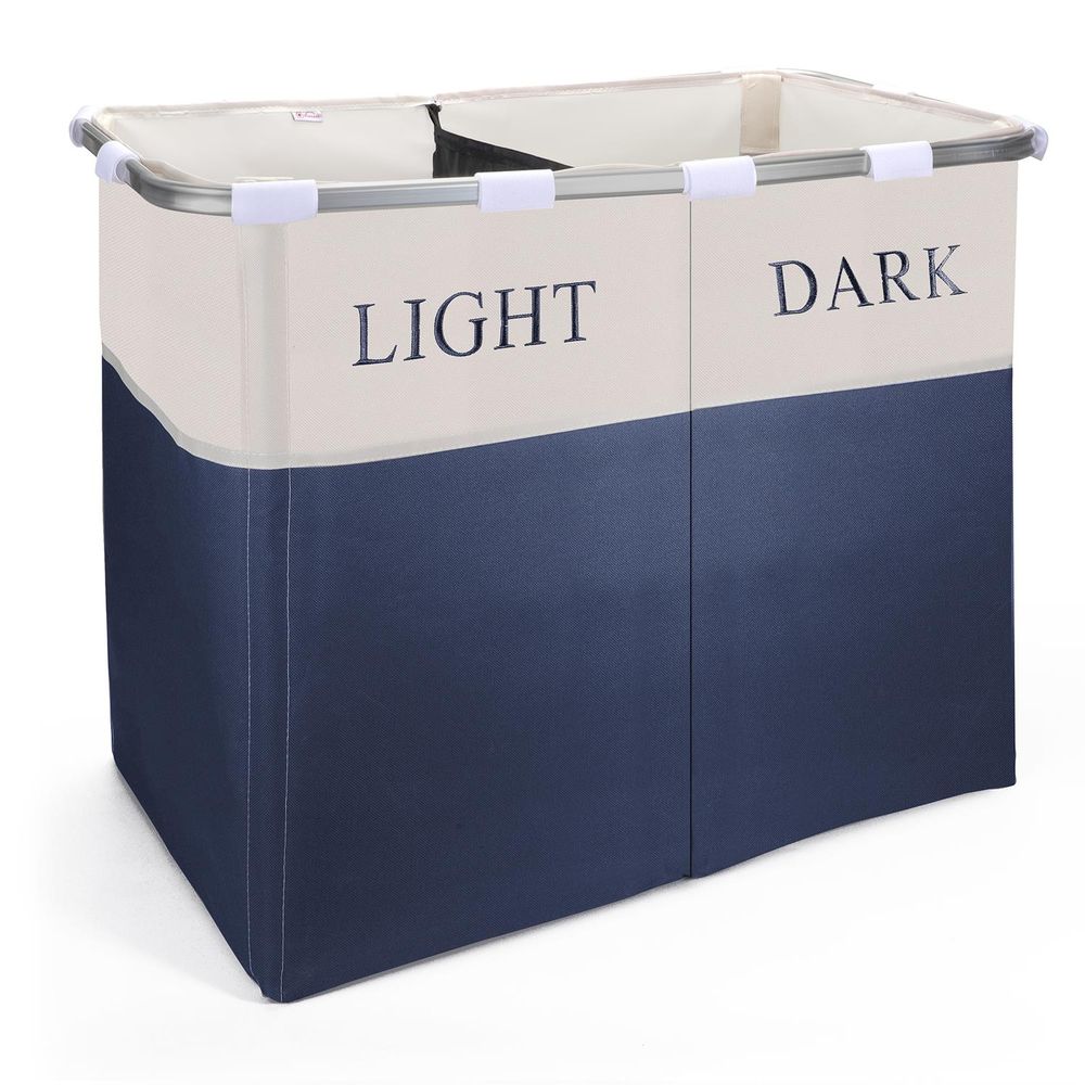 Lights and Darks Folding Laundry Sorter Basket Box Bag Bin Hamper Washing Cloths Storage 2 Compartments Metal