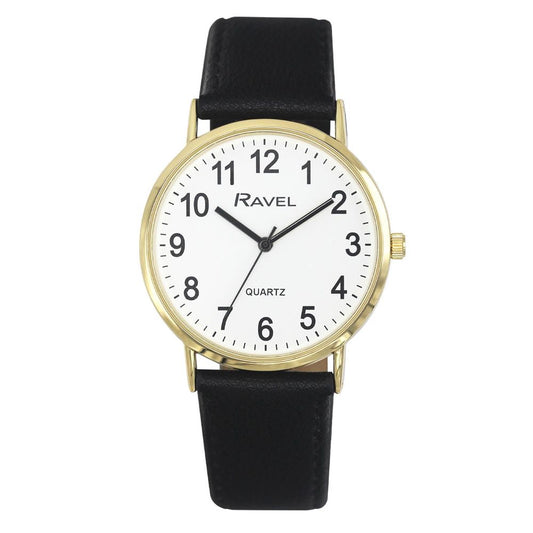 Ravel Mens Classic Big White Dial Black Leather Strap Watch R0129.25.1