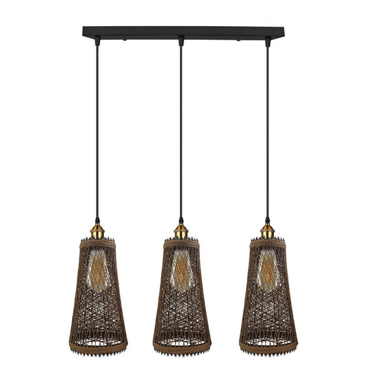 3 Head Natural Wicker Basket Style Retro Industrial Vintage Rattan Ceiling Pendant