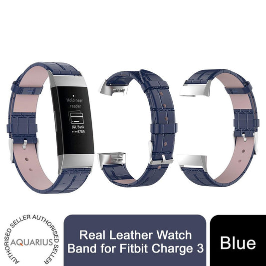 Real Leather Watch Band for Fitbit Charge 3 - Blue