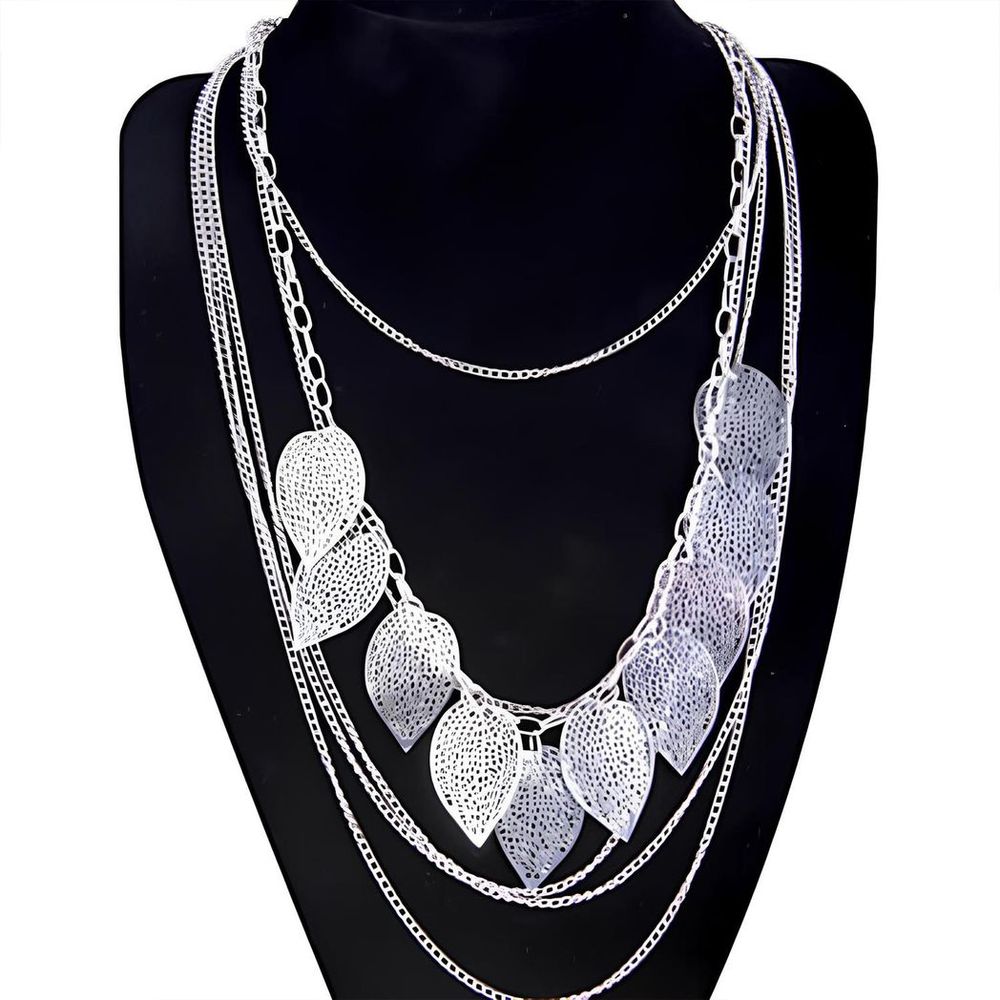 Aquarius Women Silver Leaves Pendant Necklace Jewellery Multi Layer Long Chain