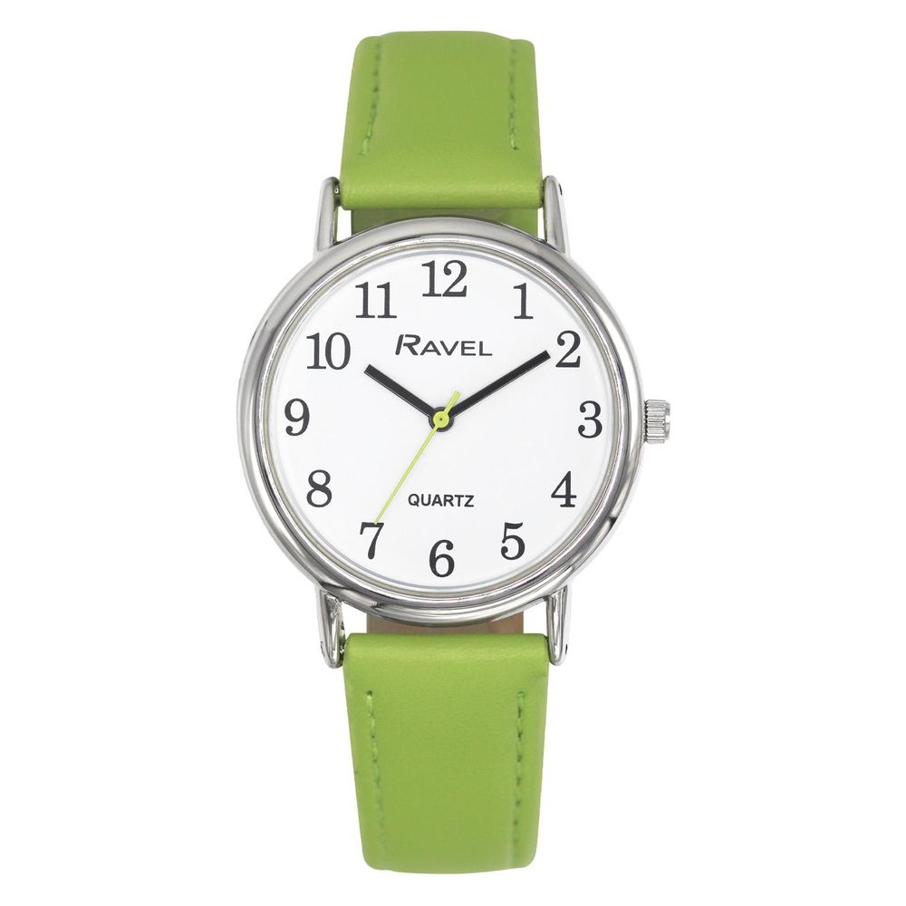 Ravel Ladies Classic Big White Dial Green Leather Strap Watch R0140.21.1