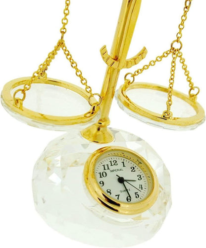 Miniature Clock Gold Plated Alloy & Crystal Balance Scales IMP513 - CLEARANCE NEEDS RE-BATTERY