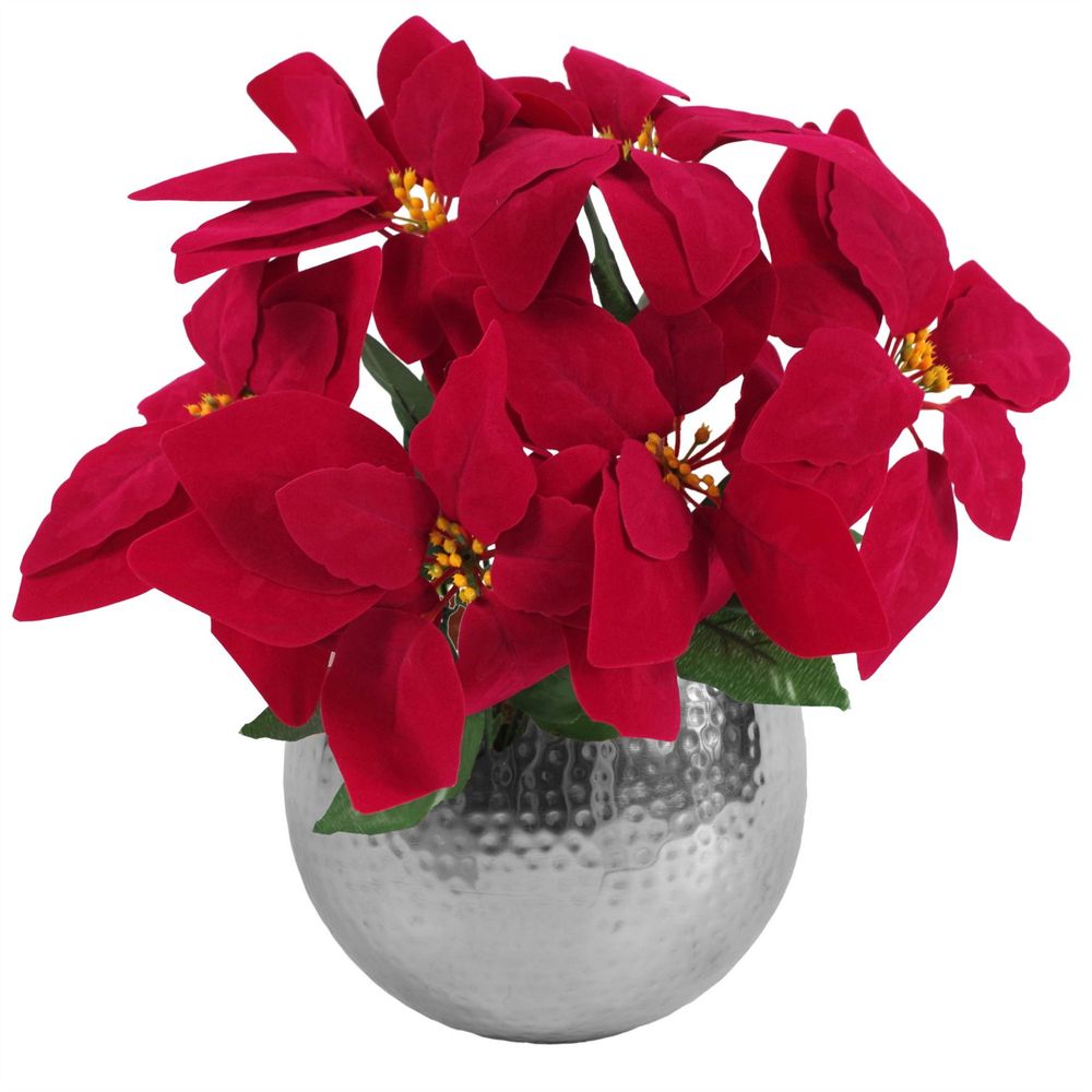 Artificial Christmas Xmas Red Poinsettia 40cm Silver Hammered Metal Planter