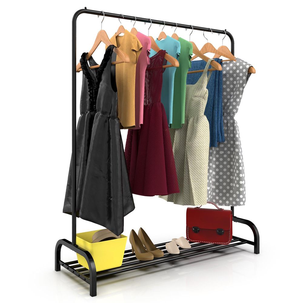 2x Heavy Duty Modern Metal Clothes Single Hanging Rail Stand with Storage Shelf For Dresses Boxes & Shoes BLACK