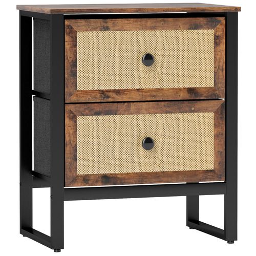 HOMCOM Bedside Table with 2 Rattan Drawers and Steel Legs, Rustic Brown