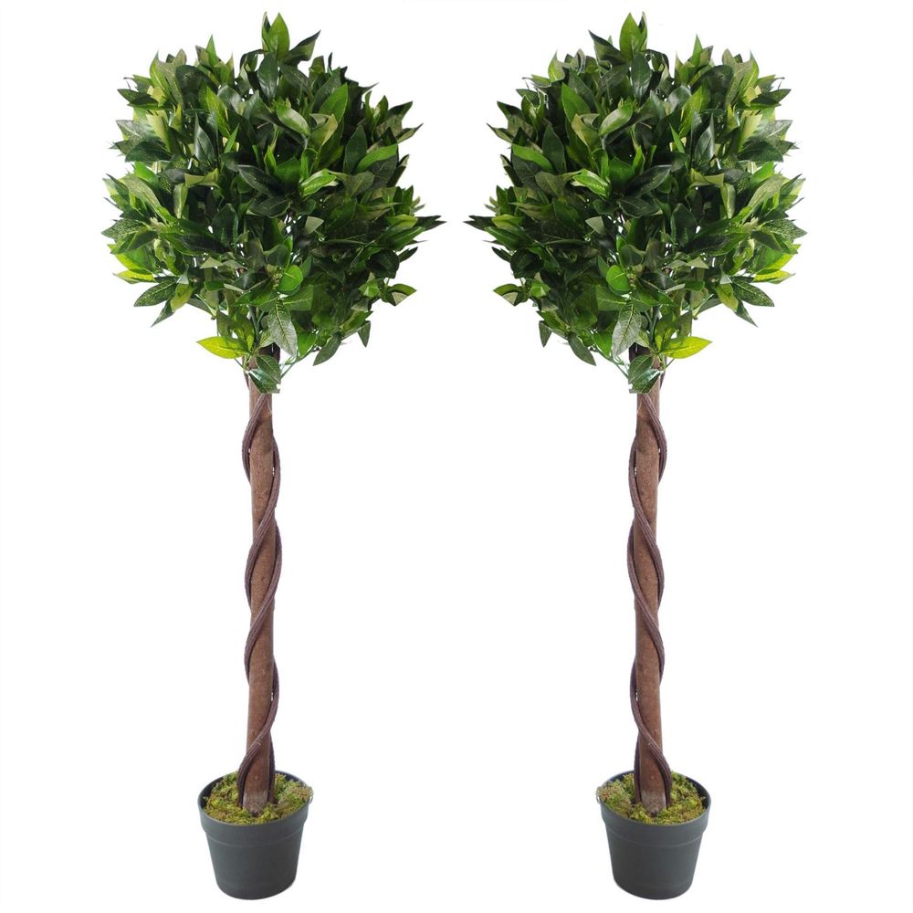 Pair of 120cm (4ft) Twisted Trunk Artificial Topiary Bay Laurel Ball Trees