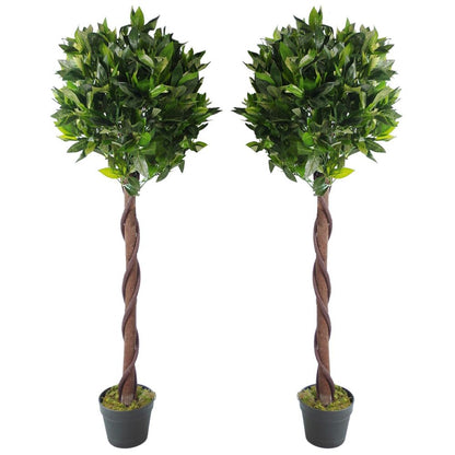 Pair of 120cm (4ft) Twisted Trunk Artificial Topiary Bay Laurel Ball Trees