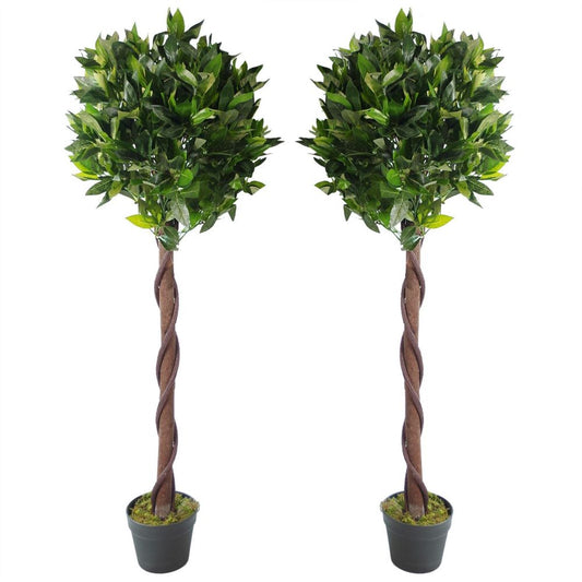 Pair of 120cm (4ft) Twisted Trunk Artificial Topiary Bay Laurel Ball Trees