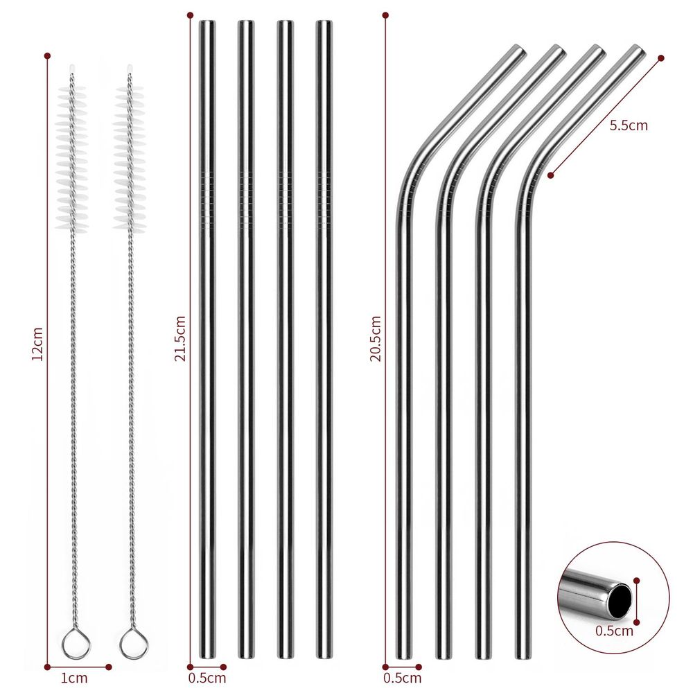 PACK OF 2 8.5" Silver Stainless Steel Reusable Metal Drinking Straws Set of 8 with 2 Cleaning Brushes