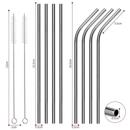 PACK OF 2 8.5" Silver Stainless Steel Reusable Metal Drinking Straws Set of 8 with 2 Cleaning Brushes